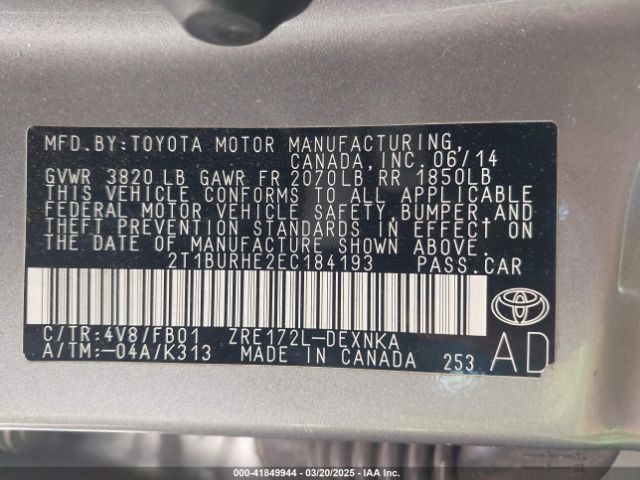 2T1BURHE2EC184193 Toyota COROLLA LE
