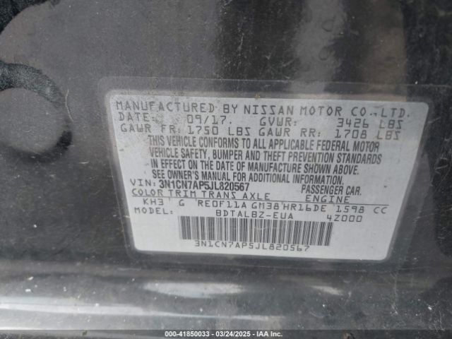 3N1CN7AP5JL820567 Nissan Versa 1.6 Sv