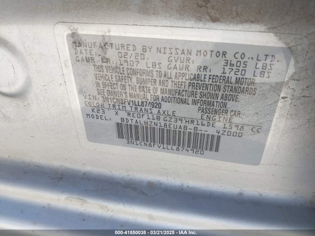 Nissan Versa Sr Xtronic Cvt 2020 3N1CN8FV1LL874920 Image 9
