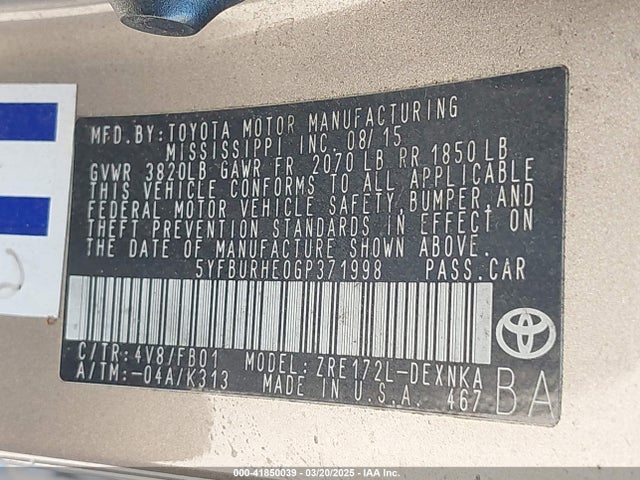 5YFBURHE0GP371998 Toyota COROLLA LE
