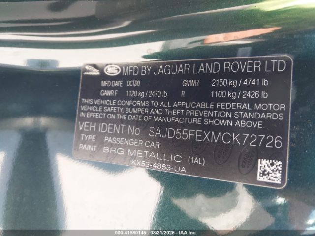 SAJD55FEXMCK72726 Jaguar F-type R Awd Automatic