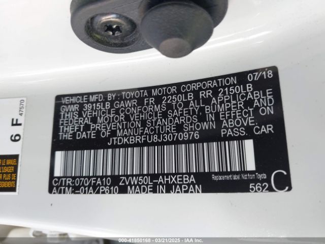 JTDKBRFU8J3070976 Toyota Prius One