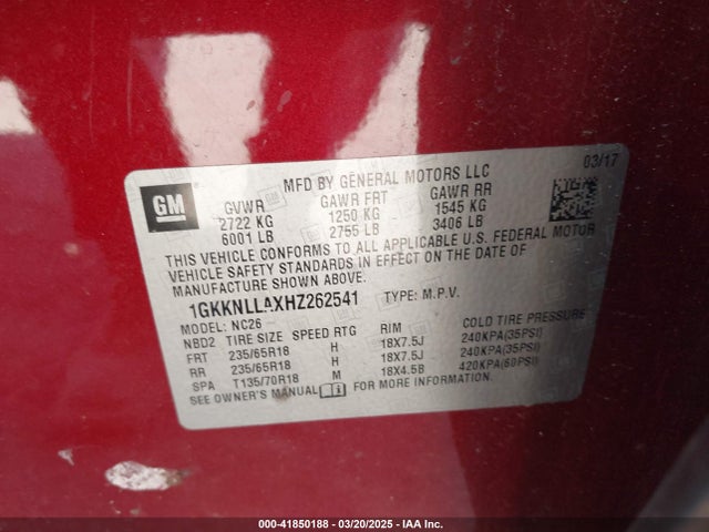 1GKKNLLAXHZ262541 GMC Acadia Sle-2
