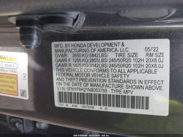 5FNYF6H21NB053759 Honda Pilot Awd Special Edition