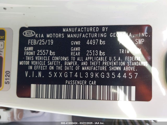 5XXGT4L39KG354457 KIA Optima Lx