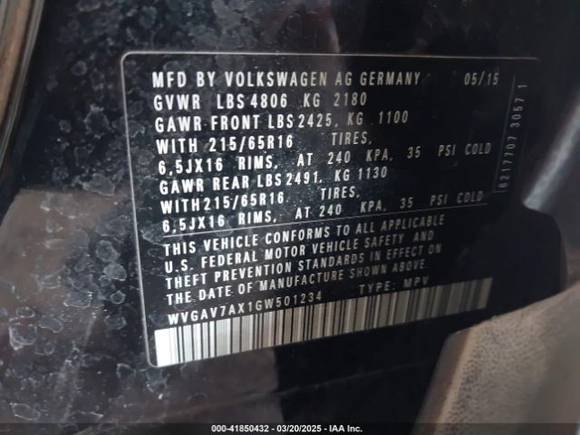 WVGAV7AX1GW501234 Volkswagen TIGUAN S