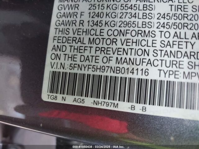 5FNYF5H97NB014116 Honda Pilot 2wd Touring 8 Passenger