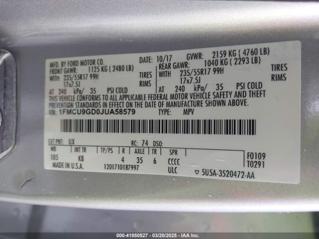 1FMCU9GD0JUA58579 Ford ESCAPE SE