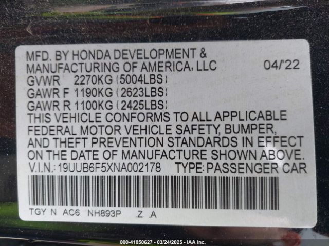 19UUB6F5XNA002178 Acura Tlx A-spec Package