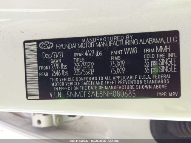 5NMJF3AE8NH080685 Hyundai TUCSON SEL