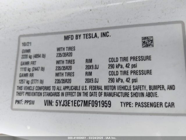 2021 TESLA MODEL 3 5YJ3E1EC7MF091959 Photo 8