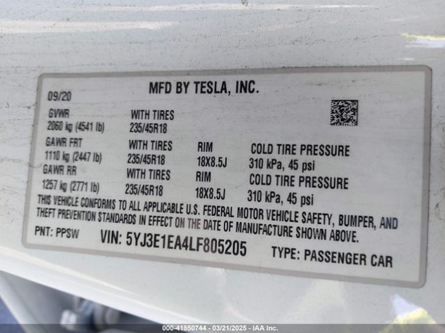 5YJ3E1EA4LF805205 Tesla Model 3 Standard Range Plus Rear-wheel Drive/standard Range Rear-wheel Drive
