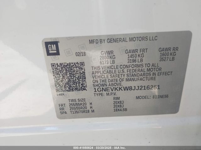 1GNEVKKW8JJ216251 Chevrolet Traverse High Country