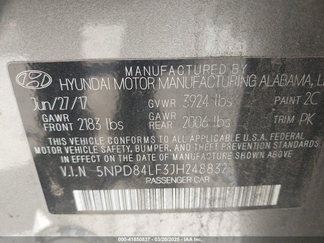 5NPD84LF3JH248832 Hyundai ELANTRA SEL