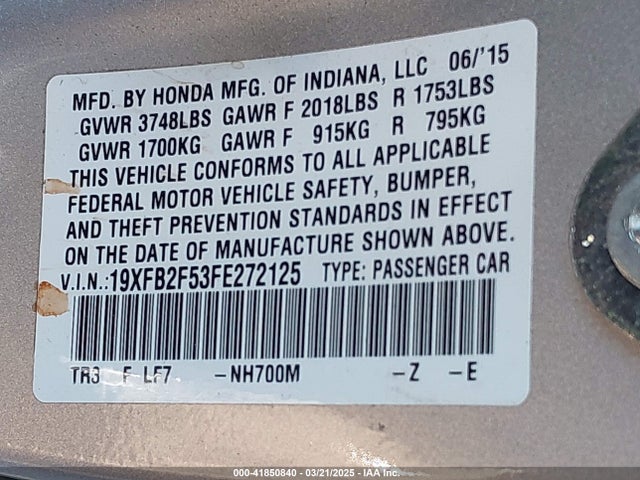 Honda r18z1 2015 19XFB2F53FE272125 Image 9