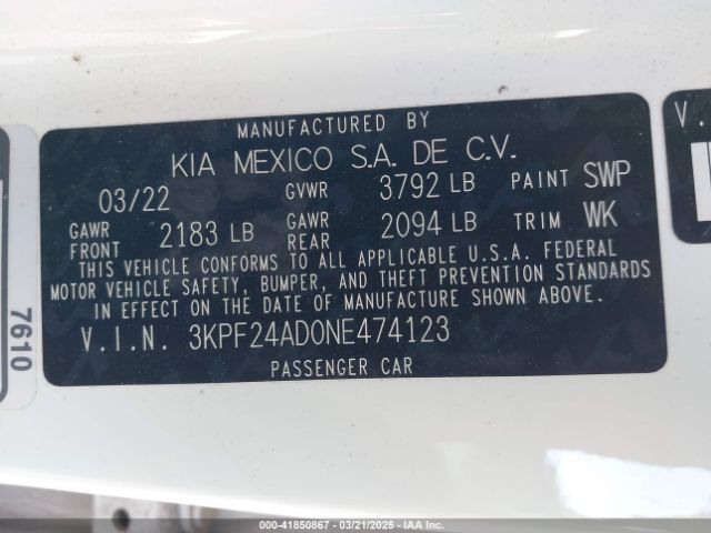 3KPF24AD0NE474123 KIA Forte Lxs