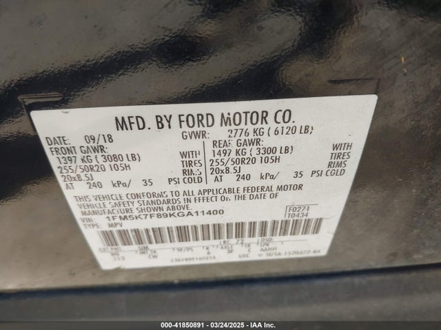1FM5K7F89KGA11400 Ford Explorer Limited