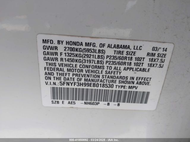 5FNYF3H99EB018530 Honda Pilot Touring