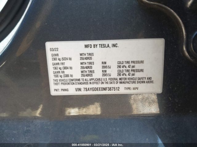 7SAYGDEE0NF387512 Tesla Model Y Long Range Dual Motor All-wheel Drive