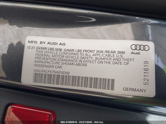 WAUFACF57NA018358 Audi A5 Sportback Premium Plus 45 Tfsi S Line Quattro S Tronic
