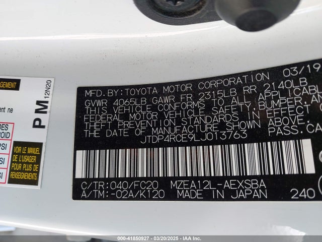 JTDP4RCE9LJ013763 Toyota COROLLA SE