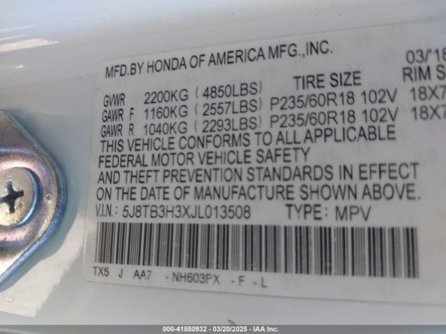 5J8TB3H3XJL013508 Acura Rdx Acurawatch Plus Package