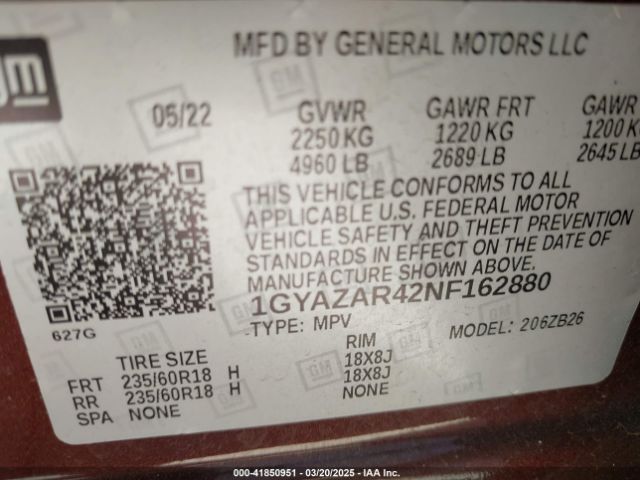 1GYAZAR42NF162880 Cadillac Xt4 Fwd Luxury