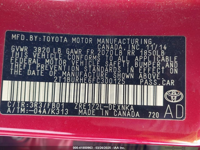 2T1BURHE6FC300125 Toyota COROLLA LE