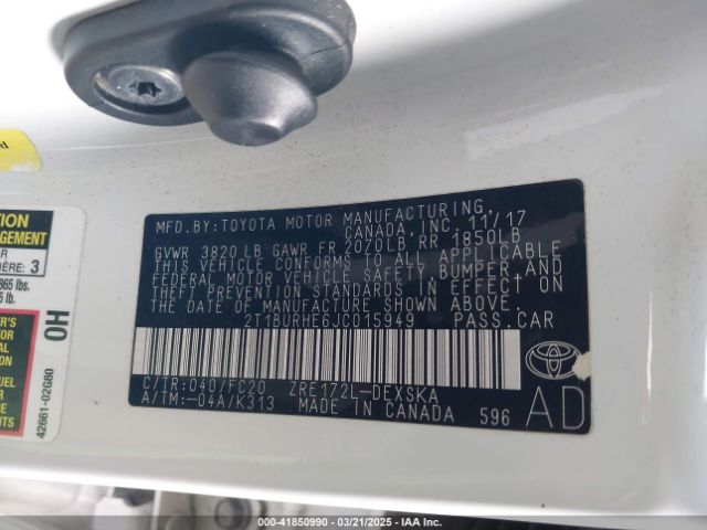 2T1BURHE6JC015949 Toyota COROLLA SE