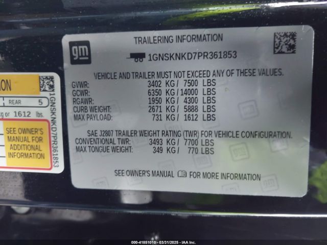 1GNSKNKD7PR361853 Chevrolet Tahoe 4wd Lt