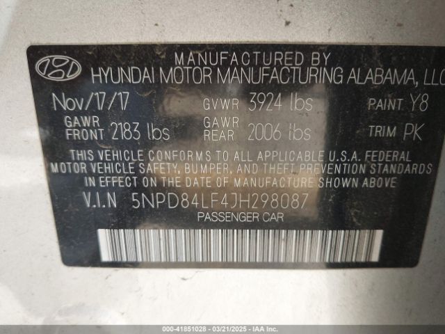 5NPD84LF4JH298087 Hyundai ELANTRA SEL
