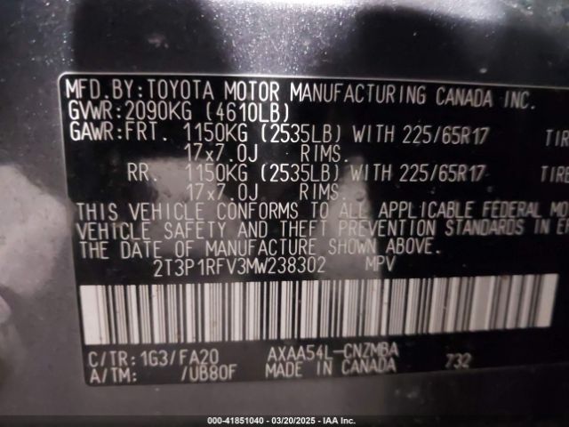 2T3P1RFV3MW238302 Toyota Rav4 Xle