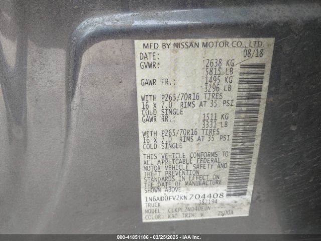 1N6AD0FV2KN704408 Nissan Frontier Sv