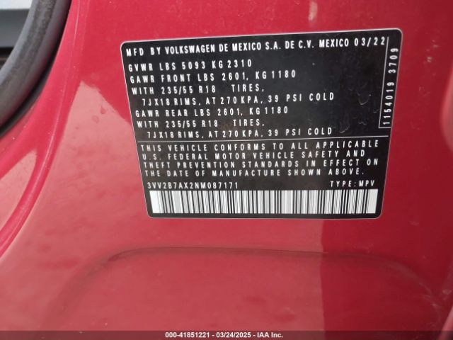 3VV2B7AX2NM087171 Volkswagen Tiguan 2.0t Se