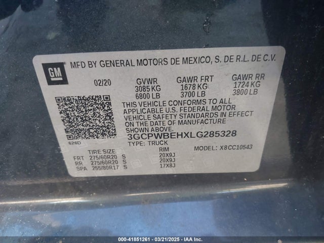 3GCPWBEHXLG285328 Chevrolet Silverado 1500 2wd  Short Bed Custom