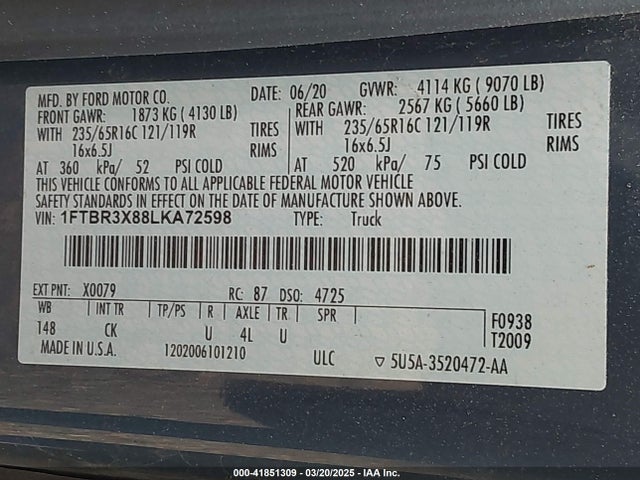 41851309 :رقم المزاد ، 1FTBR3X88LKA72598 vin ، 2020 Ford Transit-250 Cargo Van مزاد بيع