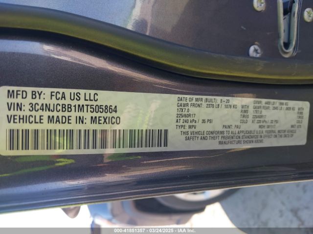 3C4NJCBB1MT505864 Jeep Compass Latitude Fwd