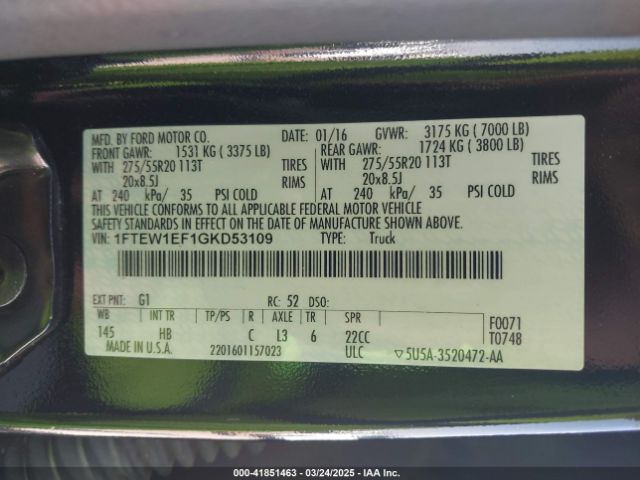 1FTEW1EF1GKD53109 Ford F-150 Lariat