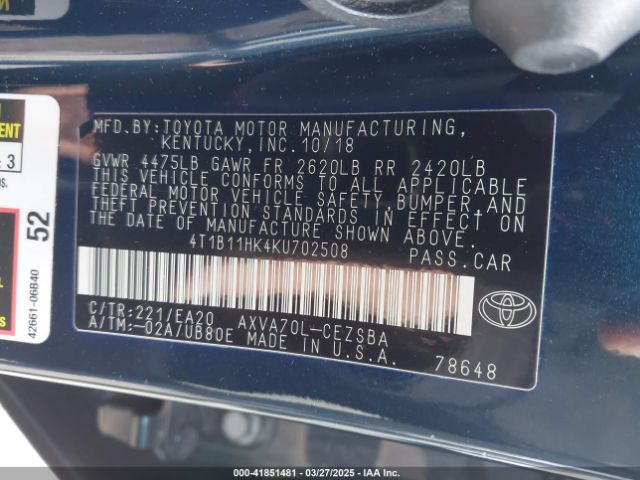 4T1B11HK4KU702508 Toyota CAMRY SE