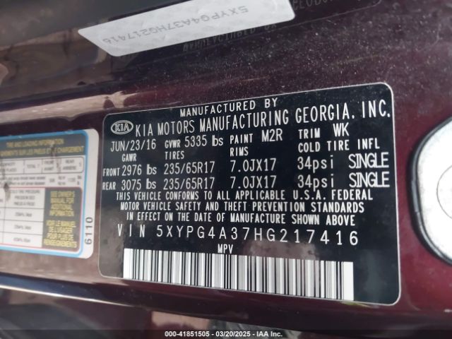 5XYPG4A37HG217416 KIA Sorento 2.4l Lx