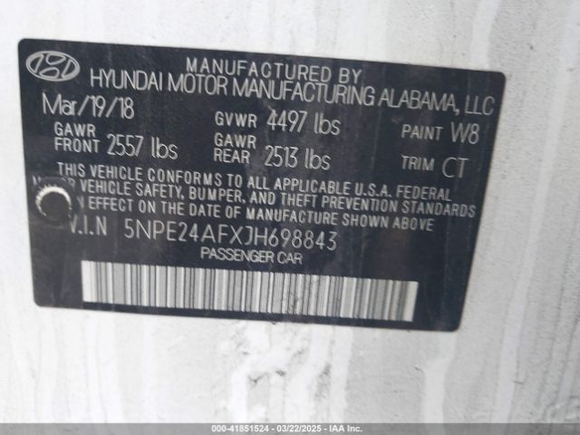 5NPE24AFXJH698843 Hyundai SONATA SE