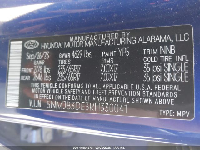 5NMJB3DE3RH330041 Hyundai TUCSON SEL
