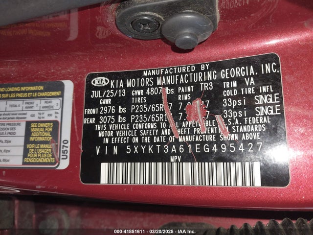 5XYKT3A61EG495427 KIA SORENTO LX