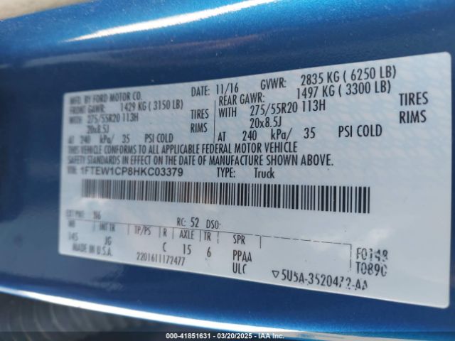1FTEW1CP8HKC03379 Ford F-150 Lariat/xl/xlt