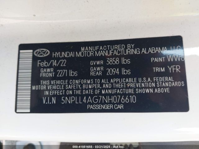 5NPLL4AG7NH076610 Hyundai ELANTRA SE