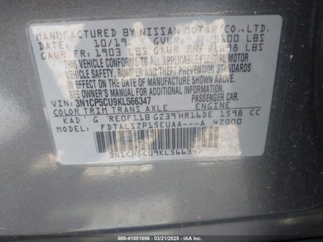 3N1CP5CU9KL566347 Nissan KICKS SV