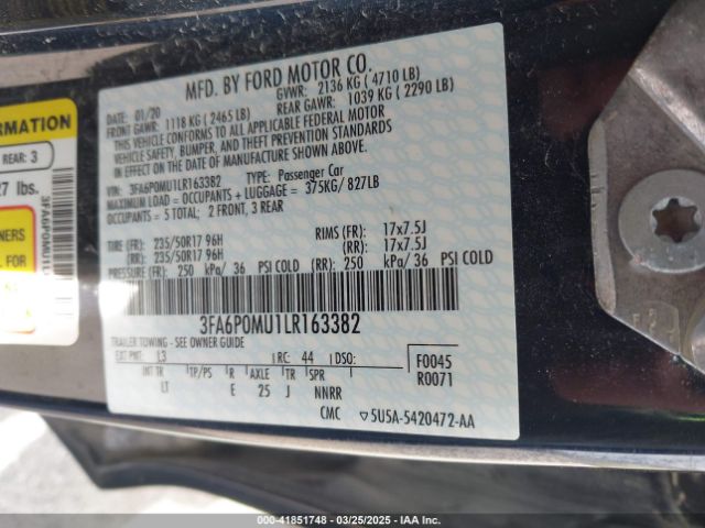 3FA6P0MU1LR163382 Ford Fusion Hybrid Sel