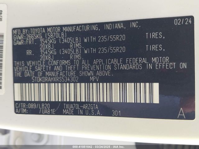 5TDKDRAHXRS534302 Toyota Highlander Limited