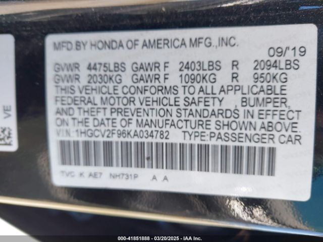 1HGCV2F96KA034782 Honda Accord Touring 2.0t