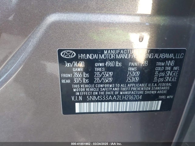 5NMS33AA2LH216204 Hyundai Santa Fe Sel 2.0t